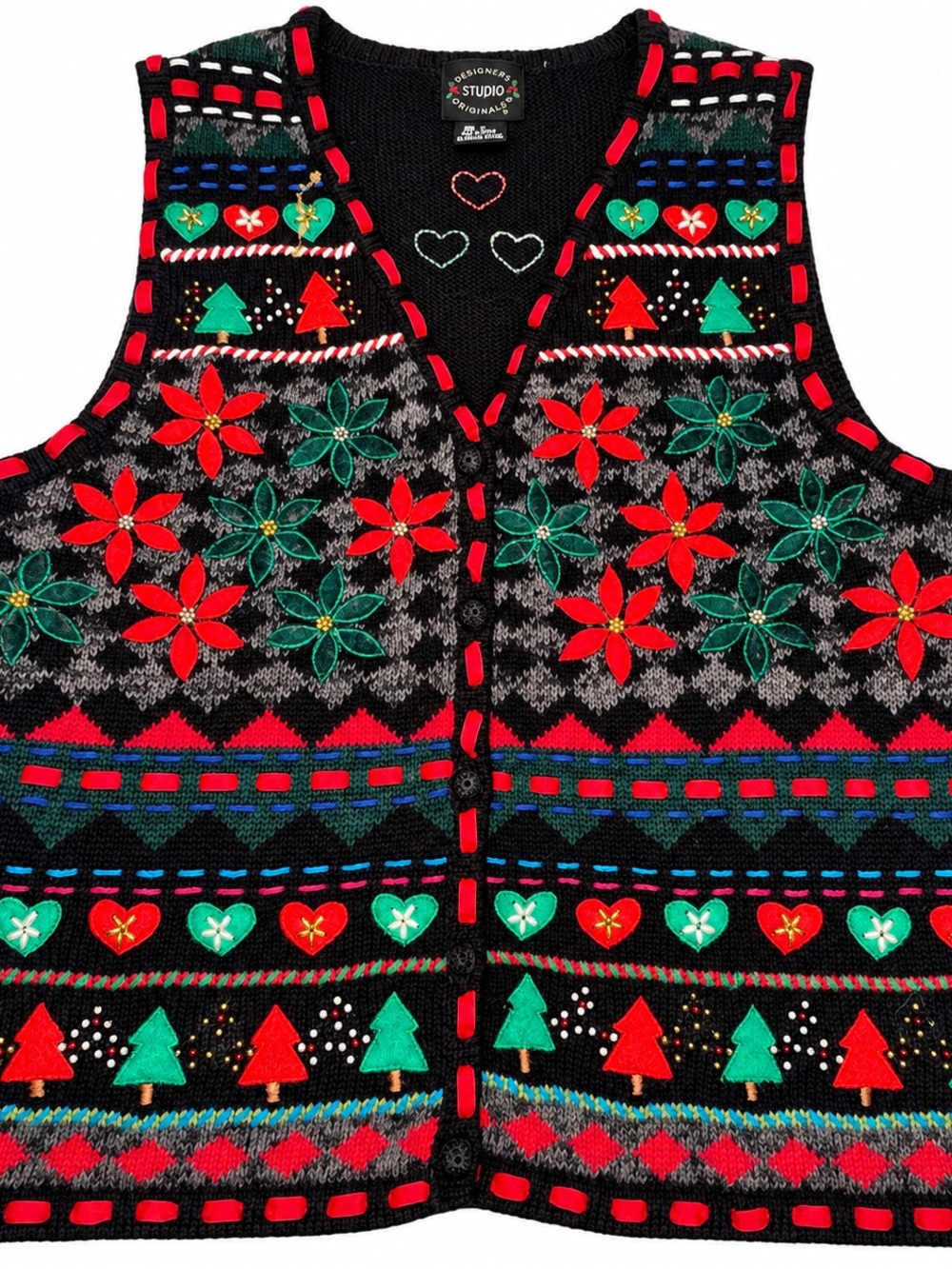 Studio Black Holiday Poinsettia & Tree Knit Vest - Red & Green